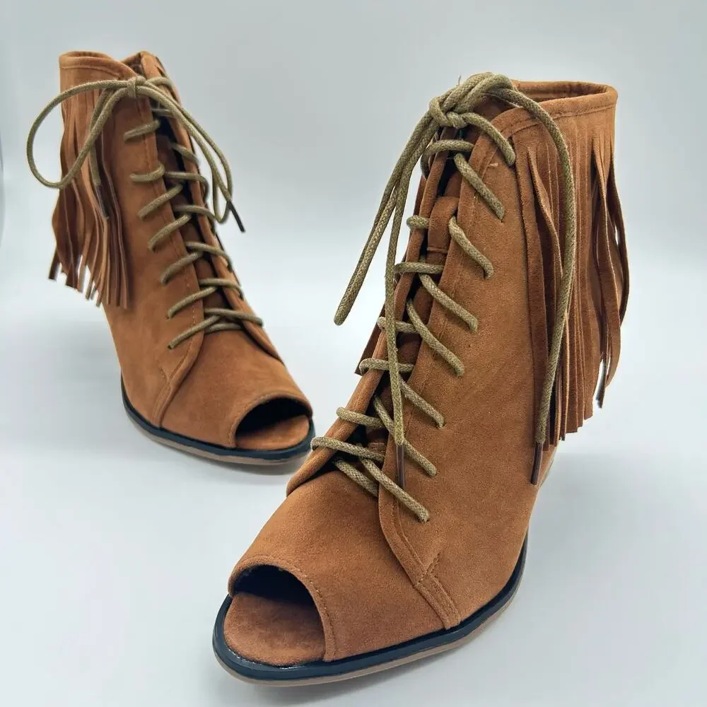 Forever Boots Womens 6.5 Brown Open Toe Fringe Bohemian Ankle‎ Boots  NEW
